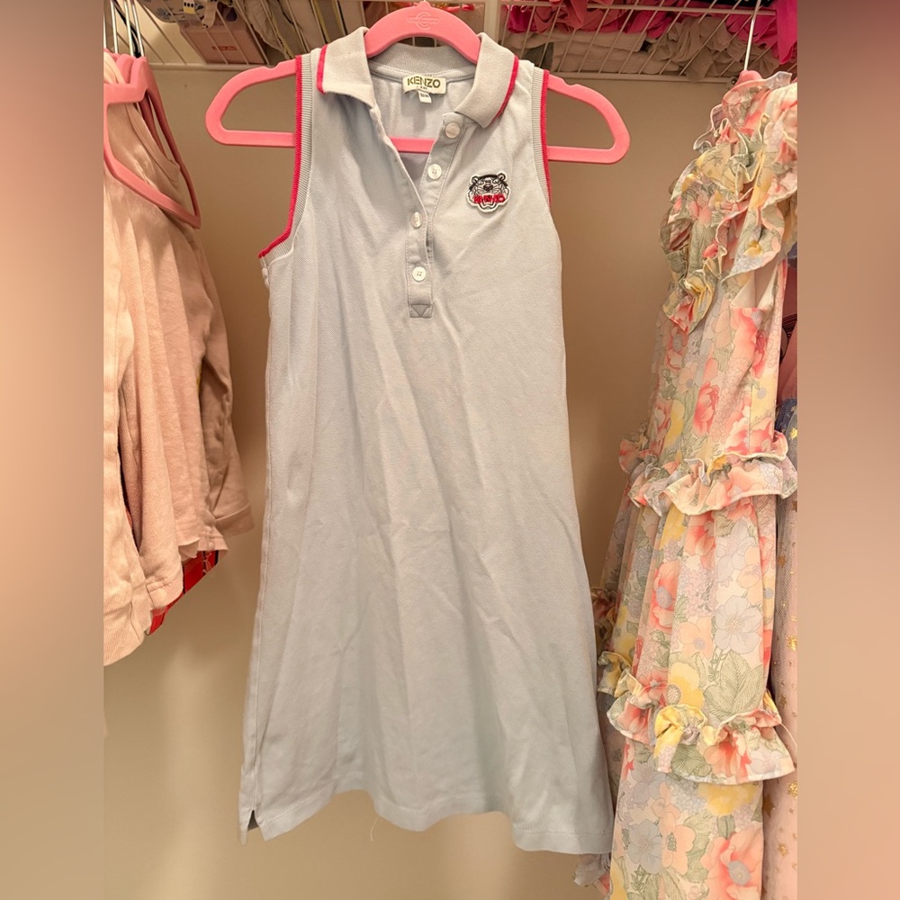 Kenzo Pale Blue Sleeveless Polo Dress with Pink Trim